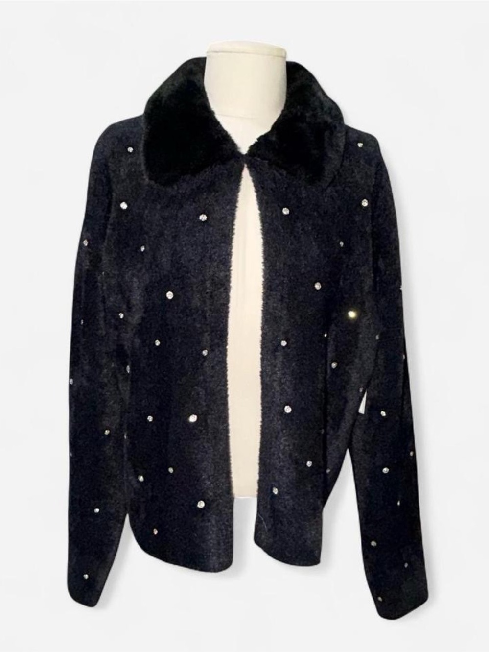 NWT Black RHINESTONE -Embellished Faux-Fur Collar Cardigan - Picture 2 of 8